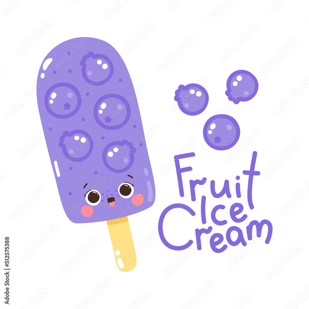 Cute vector character blueberry popsicle on a stick. Cold dessert. Summer sweetness. Lettering Fruit ice cream. Isolated on white background Cute vector character blueberry popsicle on a stick. Cold dessert. Summer sweetness. Lettering Fruit ice cream. Isolated on white background
