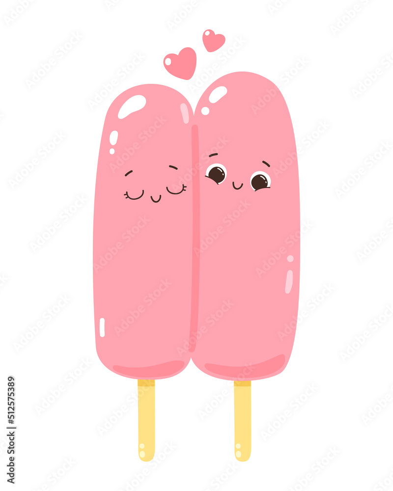 Cute vector character romantic double popsicles on a stick. Cold dessert ice cream. Summer sweetness. Isolated on white background Cute vector character romantic double popsicles on a stick. Cold dessert ice cream. Summer sweetness. Isolated on white background