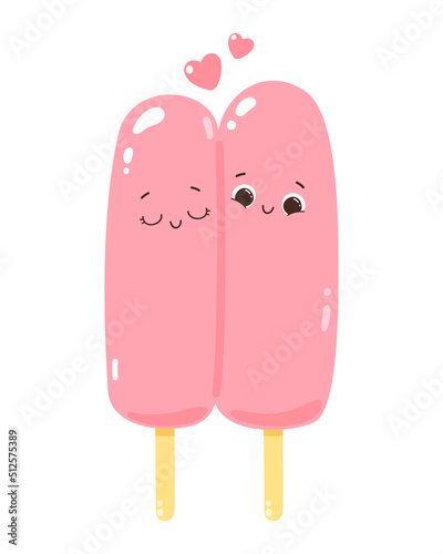 Cute vector character romantic double popsicles on a stick. Cold dessert ice cream. Summer sweetness. Isolated on white background