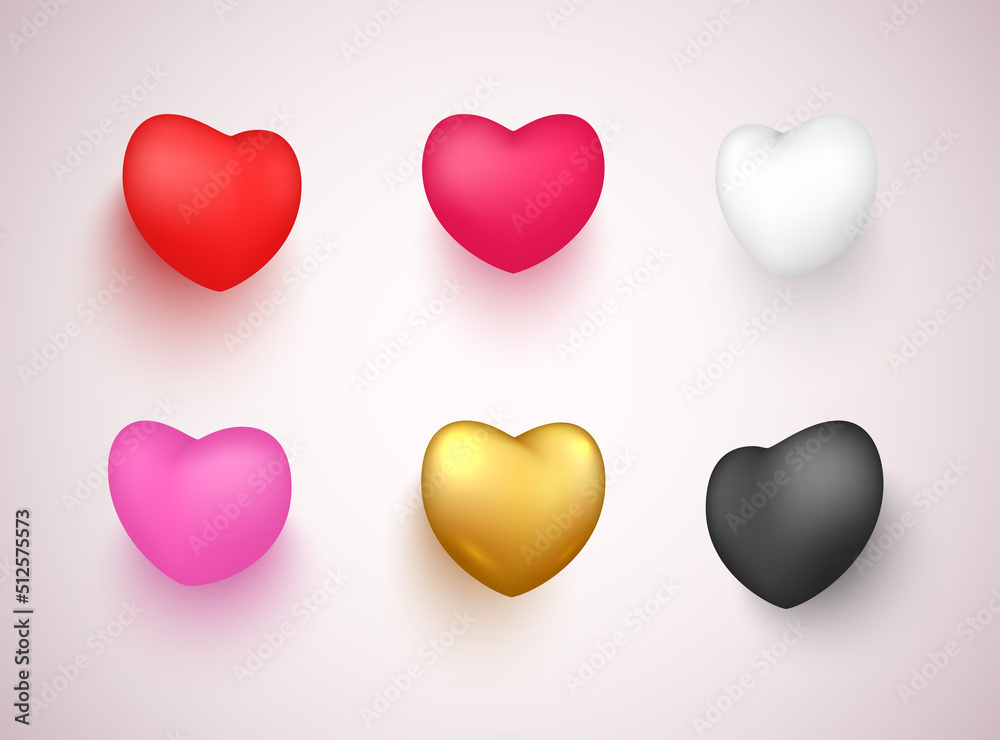 Romantic 3d hearts multicolored realistic 3d icon set vector illustration