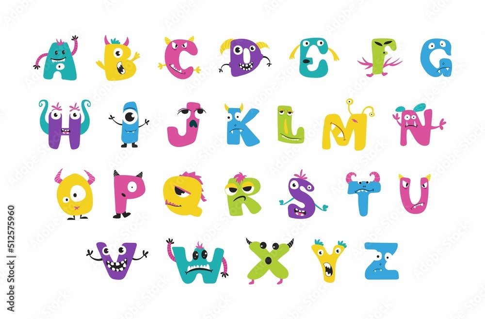 Monsters font childish elementary educational funny characters set vector flat illustration