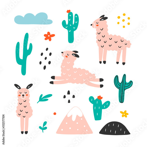 Set of pink llamas isolated on a white background. Collection of ellements for your design. Hand drawn vector illustration including cactus, mountain and cloud