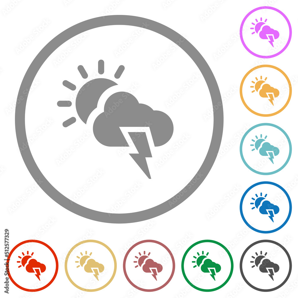 Sunny and stormy weather flat icons with outlines
