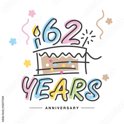 69 Years Anniversary handwritten typography lettering Greeting card with colorful big cake, sparkle firework, number, candle and confetti