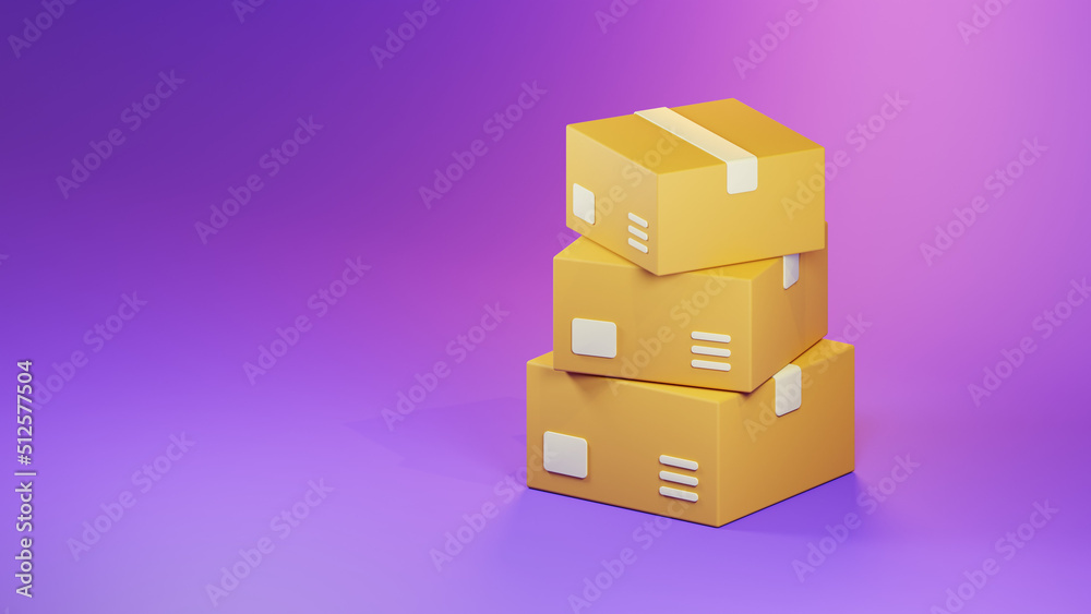 Obraz premium 3d render cardboard box stack isolated on purple background illustration. Warehouse and package delivery concept.