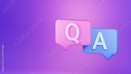 3d render question answer speech bubbles isolated on purple background illustration. Customer support and FAQ concept.