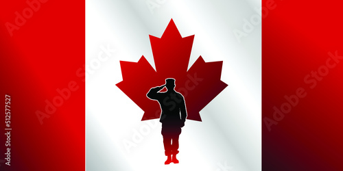Poster design for Canada, Proud Canadian soldiers saluting, Maple leaf, and flag icon on a red background. The Canadian flag and the silhouette of the soldiers