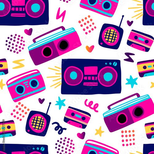 Retro record player seamless pattern. Tape recorder 80s cassette funky background