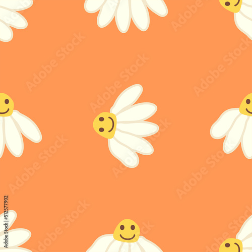 Chamomile smile 1970 pattern. Groovy daisy retro seamless pattern