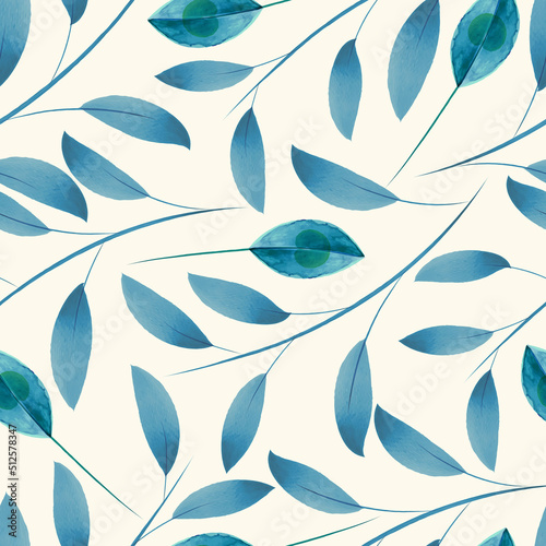 Blue leaves vector seamless pattern.Watercolor floral background. Pattern can be used for textile, fabric, wallpaper, website background, surface textures..