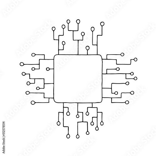 Chip with wires and diodes. Mock up. Hand Drawn. Freehand drawing. Sketch. Outline.