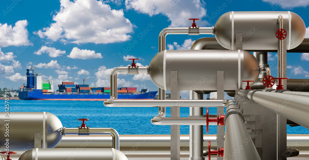 Pipes and tanks in seaport. Propane supplies by sea. Berth for unloading liquefied natural gas. Delivery liquefied natural gas by sea. Port gas terminal. LNG sea terminal. Container ship. Pipes and tanks in seaport. Propane supplies by sea. Berth for unloading liquefied natural gas. Delivery liquefied natural gas by sea. Port gas terminal. LNG sea terminal. Container ship.