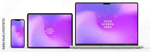 Modern laptop mockup front view and high quality smartphone and tablet mockup isolated on white background. Notebook mockup and phone device mockup for ui ux app and website presentation.Stock Vector.