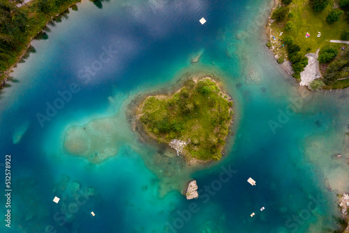 Aerial top view of Caumer Lake in Graubrunden canton late afternoon, flims, Graubunden, Switzerland