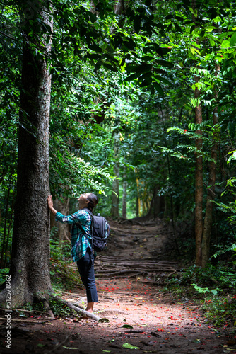 Woman with backpack exploring the beautiful rain forest on Sub madue Petchabun Thailand. Travel and ecotourism concept photo