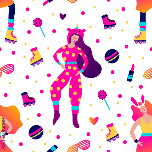 Kidult prank pajama party 80s human vector seamless pattern. Cartoon illustration