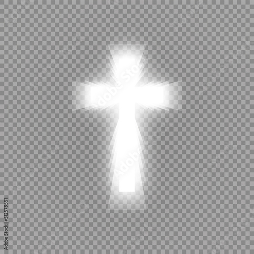 Shining white cross and sunlight special lens flare light effect on transparent background. Glowing saint cross. Vector illustration