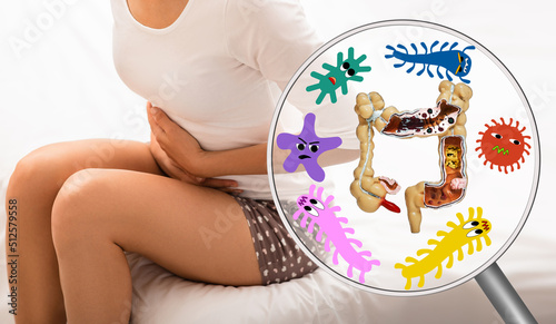 Quadro em tela Pain in woman's intestines and abdomen