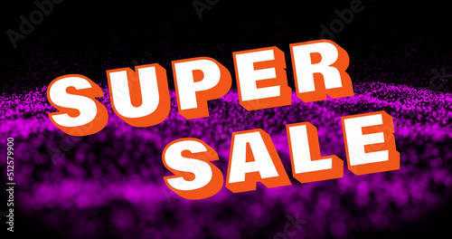 Image of super sale text on black background with purple glitter