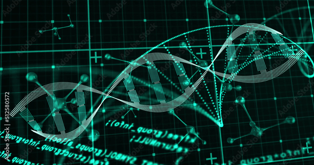 Image of dna strand and data processing on black background Image of dna strand and data processing on black background