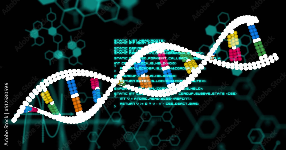Image of dna strand and data processing on black background