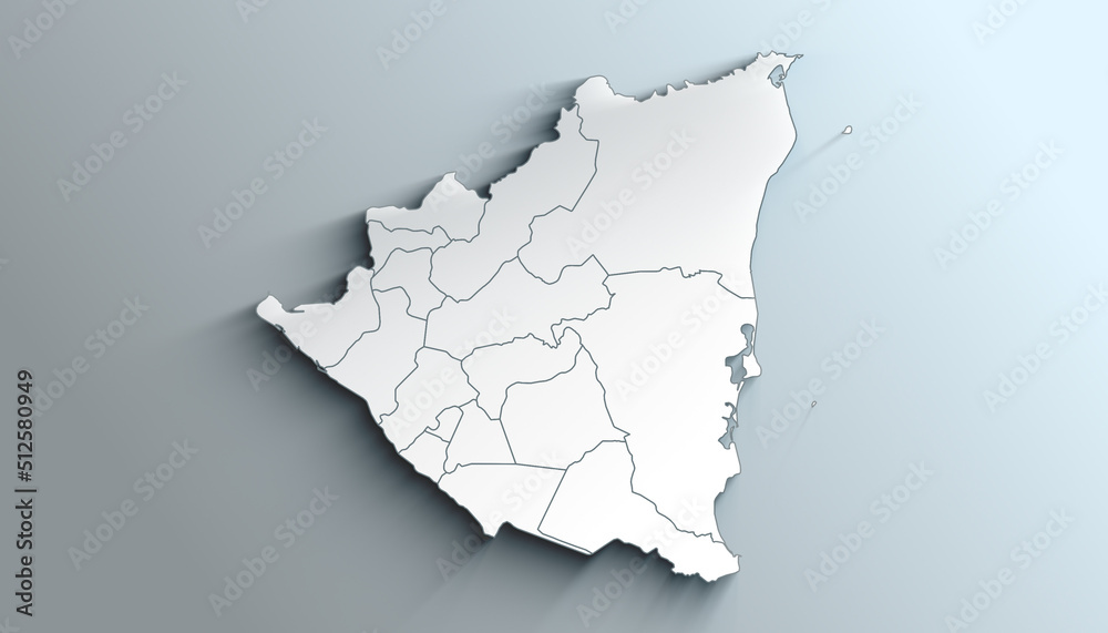 Modern White Map of Nicaragua with Departments with Counties With Shadow