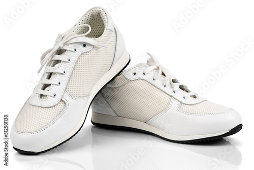 White leather sport sneakers isolated on white background with clipping path. Full Depth of Field