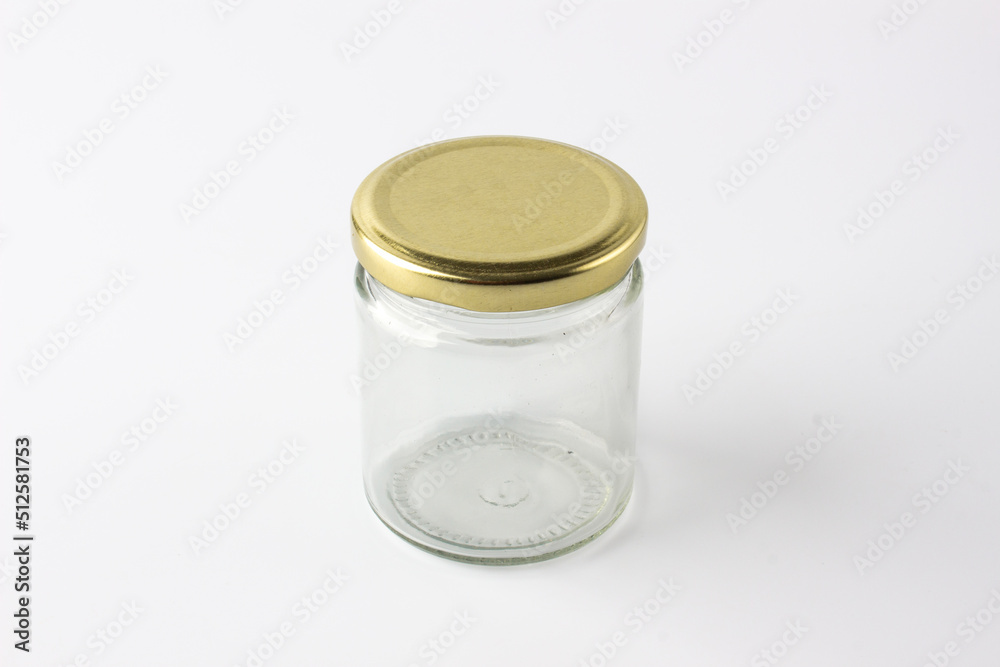 Empty transparent food jar container on white background Empty transparent food jar container on white background
