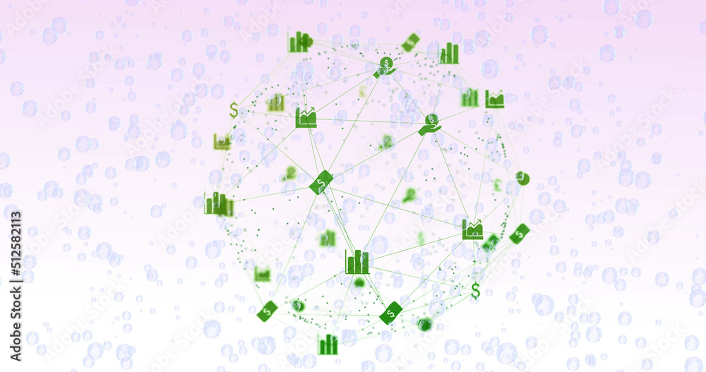 Image of network of connections with icons on white background