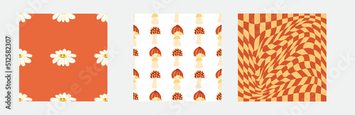 Set of retro 70s seamless pattern. Floral, swirl, mushrooms, peace symbol, camomile, smile