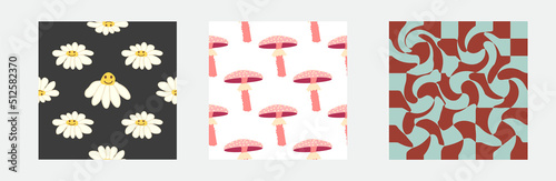 Set of retro 70s seamless pattern. Floral, swirl, mushrooms, peace symbol, camomile, smile