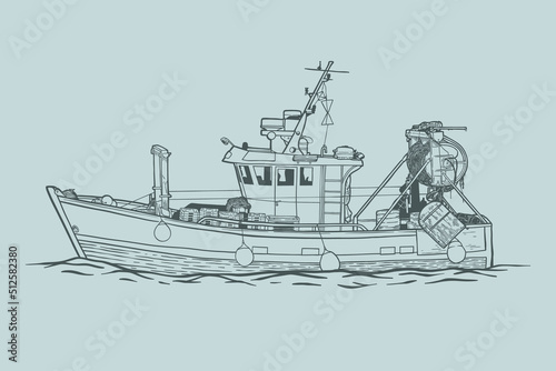 Fishing boat side view - vector illustration - Out line photo