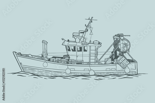 Fishing boat side view - vector illustration - Out line
