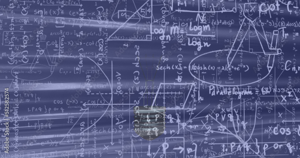 Image of mathematical equations over lightbulb Image of mathematical equations over lightbulb