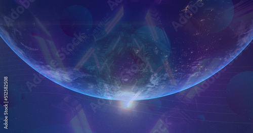 Image of neon triangles spinning over earth globe and outer space