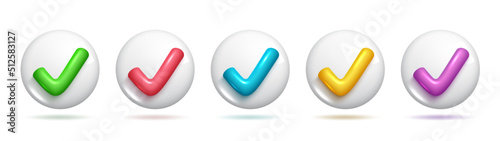 3d realistic check mark icons in different colours. Sets of check correct right icons. 3d Sets of Vector Elements.