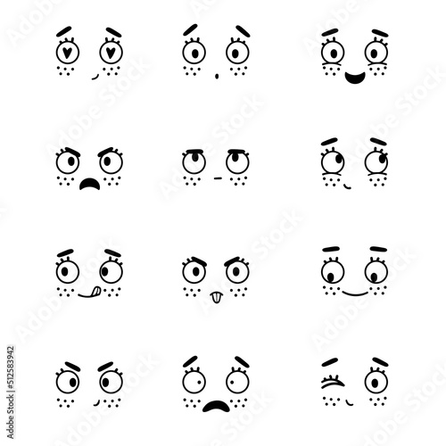 A set of black and white illustrations of facial expressions with different moods. Collection of emoticons.