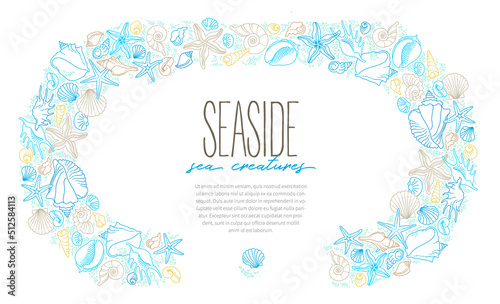 Vector frame, border, vignettes of line art tropical sea elements, seashells, starfish. Doodles of marine life. Sea decor. Ocean, sea creatures. Maritime illustration