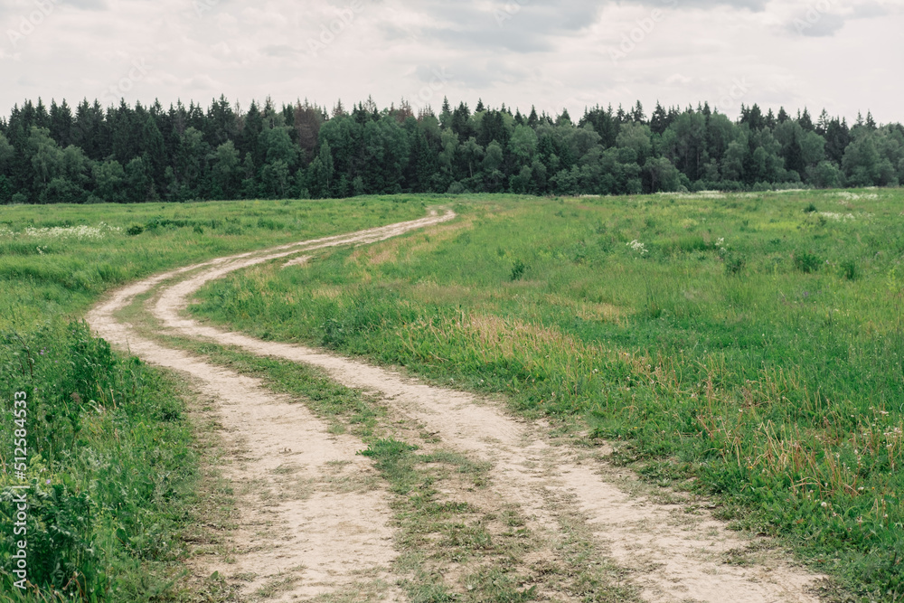 A long winding road through a green flowering field in the village, a dusty road without asphalt A long winding road through a green flowering field in the village, a dusty road without asphalt