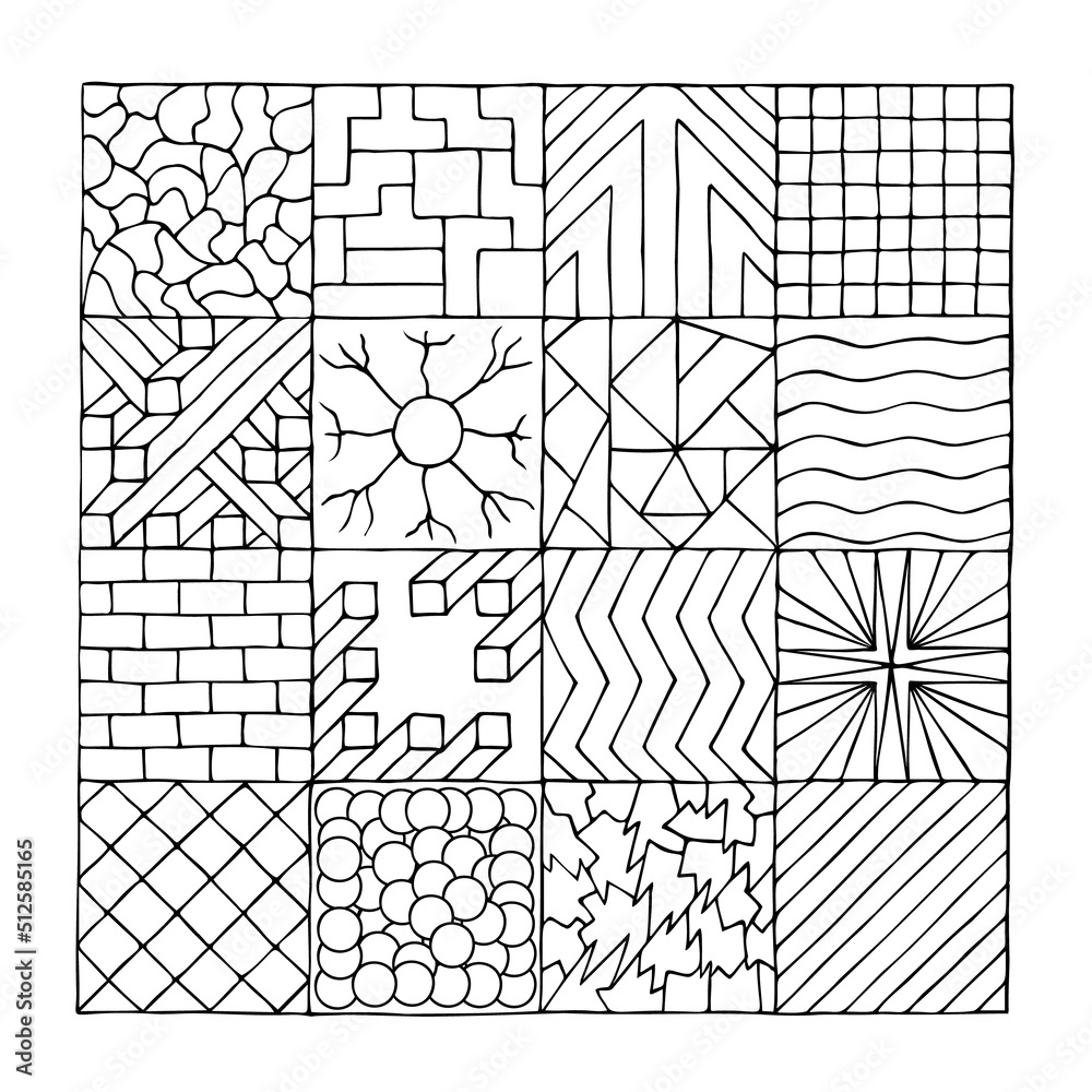 Many different patterns, backgrounds, textures, wallpapers. Doodle. Hand Drawn. Freehand drawing. Sketch. Outline.