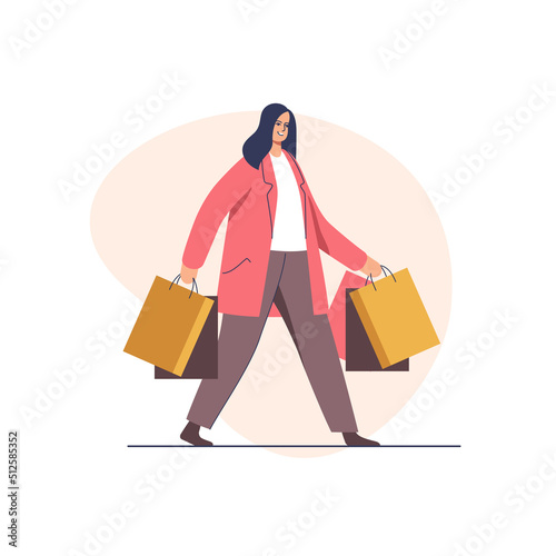 Young girl going during sales season. Woman holding shopping bags happy after buying on sale and discount prices. Vector illustration.