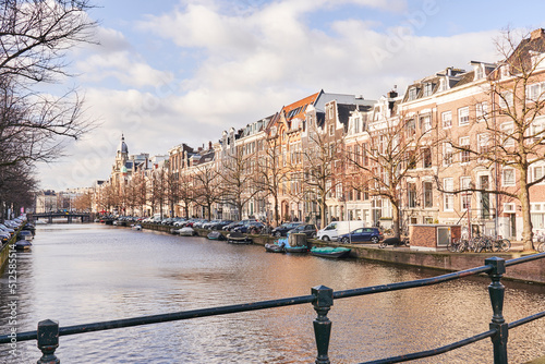 View of houses in the historical center of Amsterdam, from a bridge