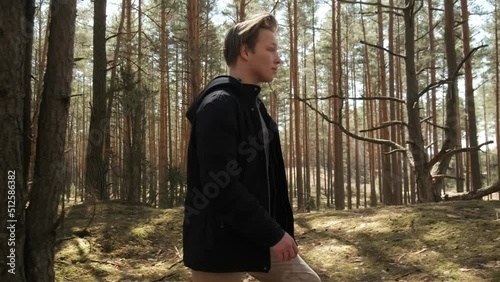 A man strolls through a sunny summer forest on a beautiful day. A blond man strolling through the woods. High quality 4k footage