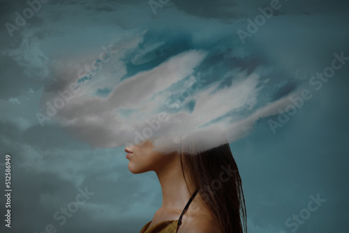 Woman head hidden by soft cloud on blue background, mental health, brain fog
