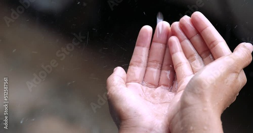 water drops, water resources, earth, environment concept,Drops of rain poured into his hand,heavy rain with hands photo
