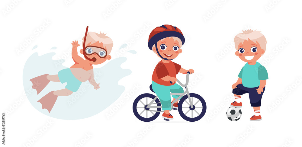 A set of summer activities for school and kindergarten children, swimming, cycling, football. Happy boy with a ball, toddler learn to swim, schoolboy rides a bike. Flat cartoon vector icon isolated.