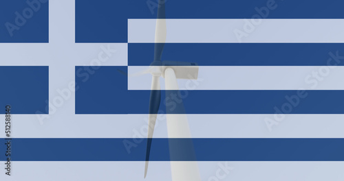 Image of flag of greece over wind turbine