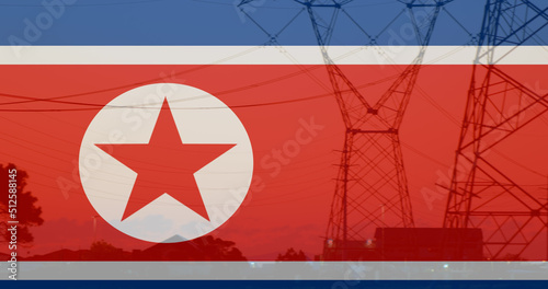 Image of flag of north korea over pylons