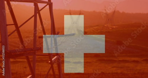Image of flag of switzerland over pylons