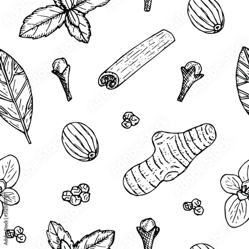 Spices seamless pattern vector illustration, hand drawing sketch